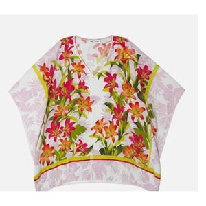 Susan Graver‎ Floral Print V Neck Caftan Top 2X 3XL Pink Orange Green